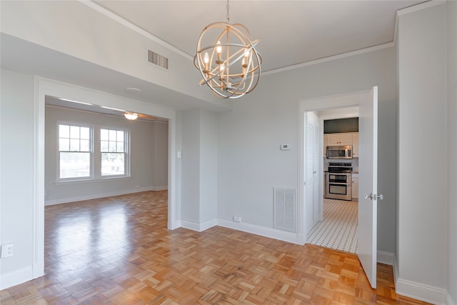 unfurnished room featuring visible vents, crown molding, and baseboards