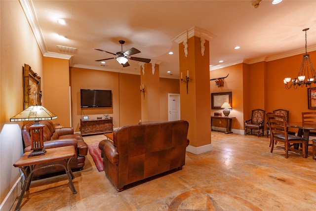 living room with crown molding and ceiling fan with notable chandelier