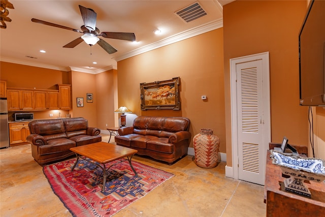 living room with crown molding and ceiling fan