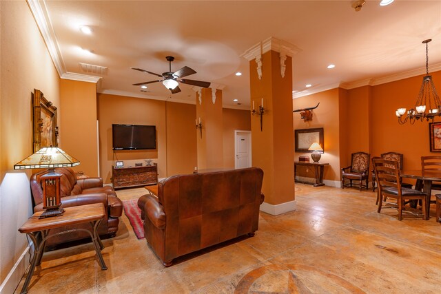 living room featuring visible vents, baseboards, recessed lighting, ornamental molding, and ceiling fan with notable chandelier