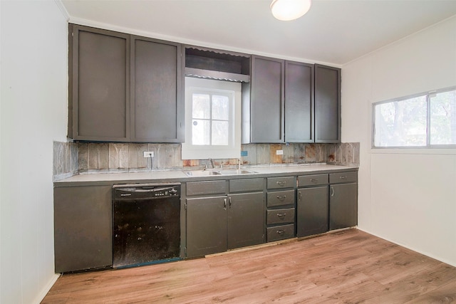 kitchen featuring dishwasher, plenty of natural light, sink, and light hardwood / wood-style flooring