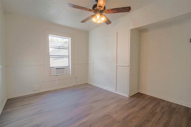 unfurnished room with ceiling fan, light hardwood / wood-style flooring, and cooling unit