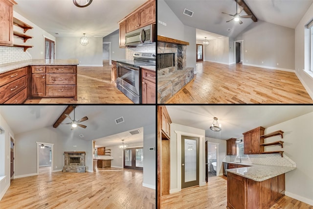 kitchen featuring a stone fireplace, light wood-type flooring, appliances with stainless steel finishes, kitchen peninsula, and ceiling fan with notable chandelier