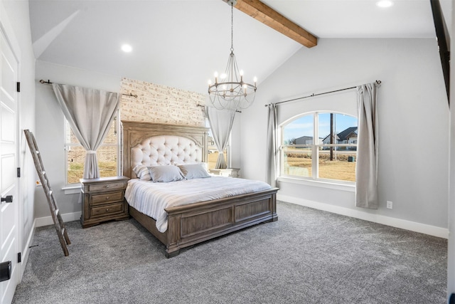 bedroom with carpet flooring, lofted ceiling with beams, a notable chandelier, and multiple windows