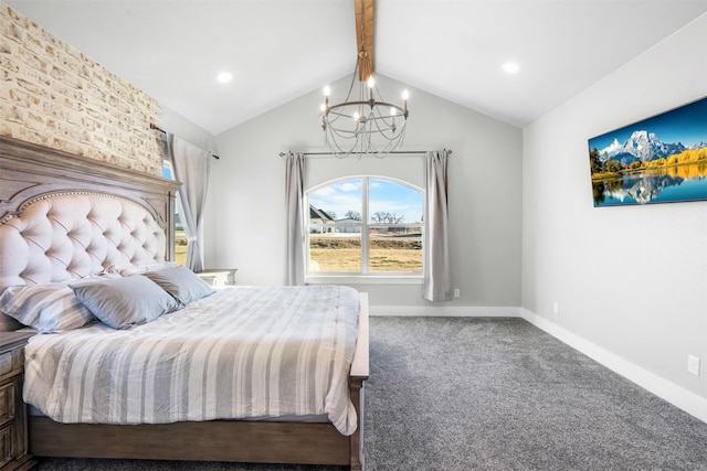 bedroom with carpet, vaulted ceiling with beams, and a notable chandelier