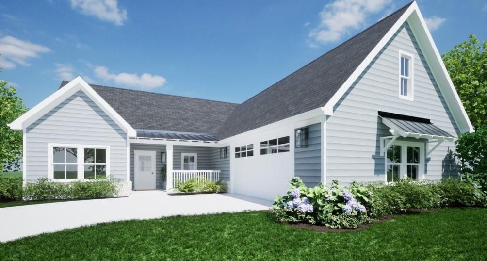 view of front facade featuring a porch, a garage, and a front yard