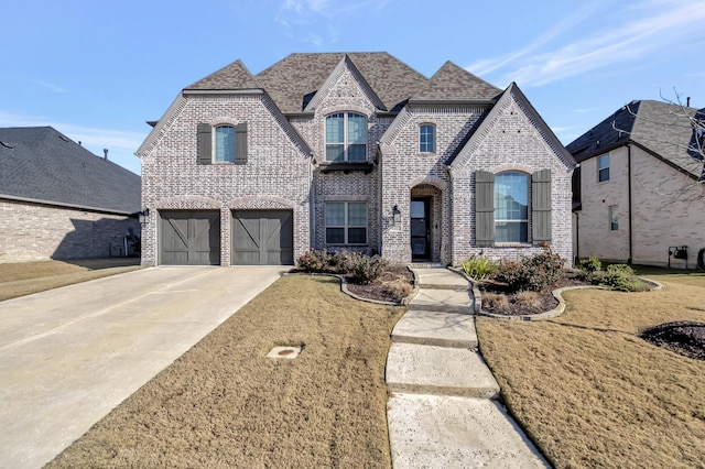 french country style house with a front lawn and a garage