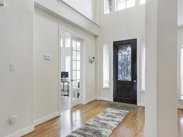 foyer entrance featuring light hardwood / wood-style floors and a high ceiling