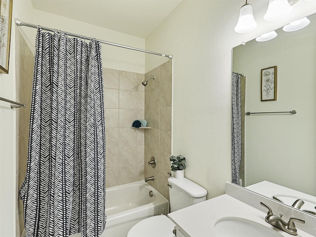 full bathroom with toilet, shower / bathtub combination with curtain, and vanity