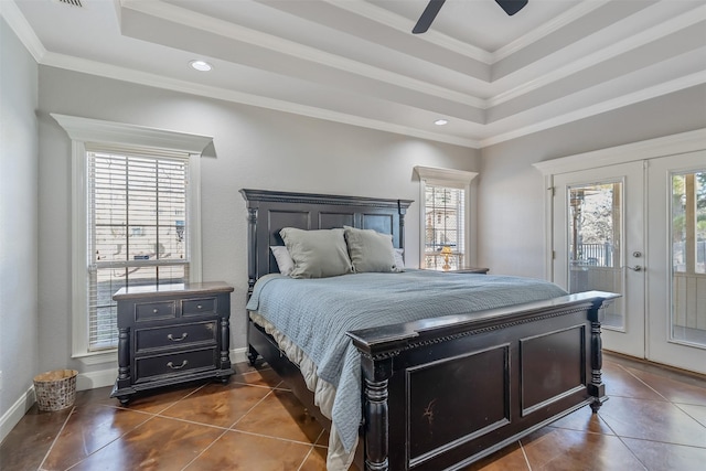 bedroom with french doors, access to outside, a raised ceiling, ceiling fan, and dark tile patterned flooring