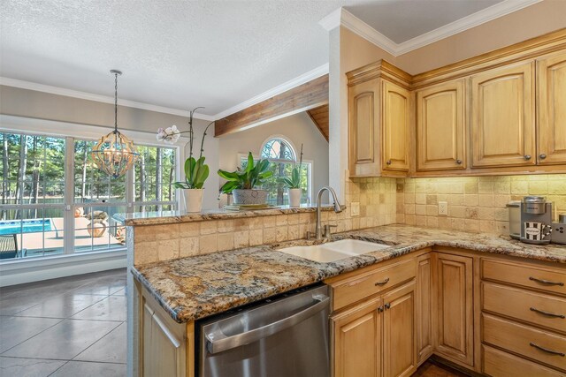 kitchen featuring dishwasher, sink, an inviting chandelier, light stone counters, and kitchen peninsula