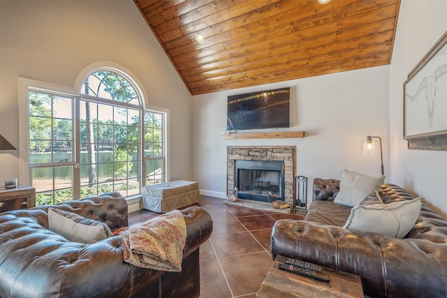 tiled living room featuring a fireplace, high vaulted ceiling, and wood ceiling