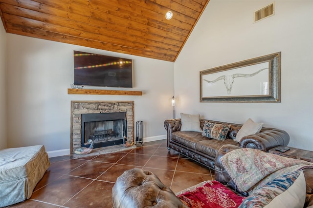 tiled living room with a fireplace, high vaulted ceiling, and wood ceiling