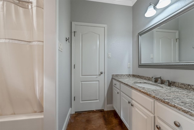 bathroom featuring shower / bathtub combination with curtain and vanity