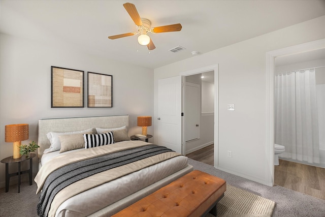 bedroom with connected bathroom and ceiling fan