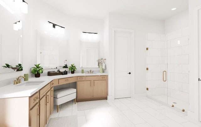 bathroom featuring a shower with shower door, tile patterned floors, and vanity