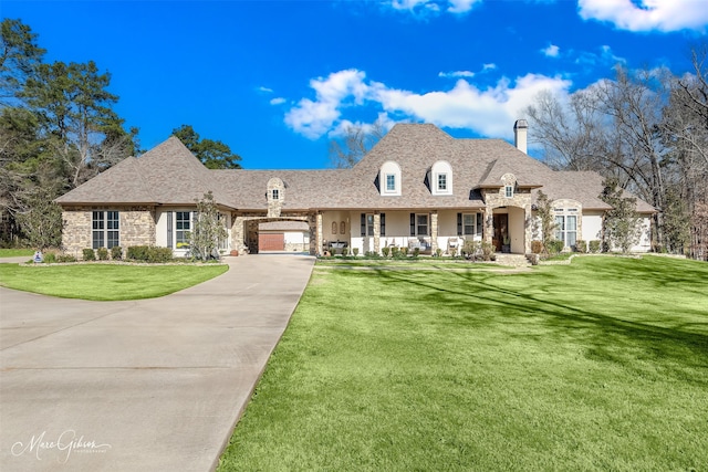 view of front facade featuring a garage, a front lawn, and a porch