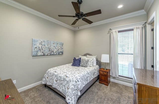 bedroom featuring ornamental molding and carpet flooring