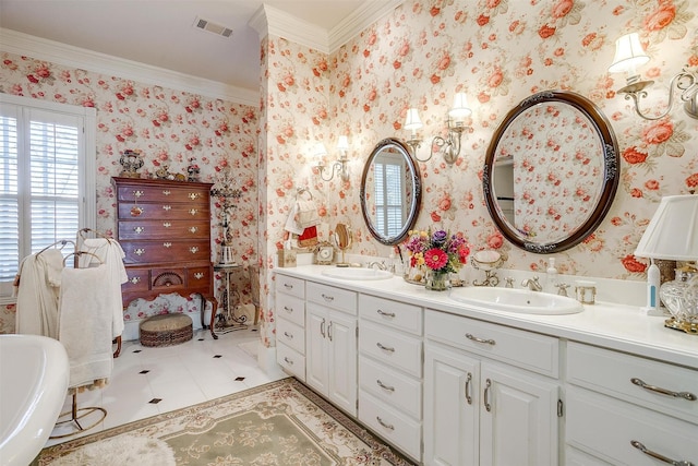 bathroom with tile patterned floors, vanity, and ornamental molding