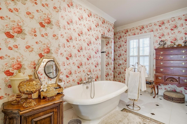 bathroom with tile patterned floors, crown molding, and a bath