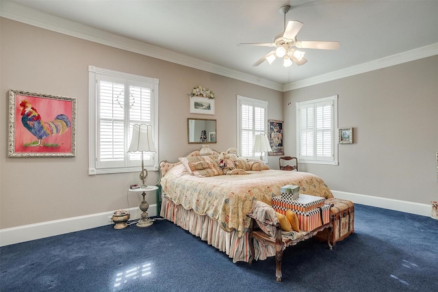 carpeted bedroom with ceiling fan, ornamental molding, and multiple windows