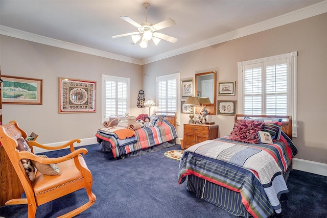 carpeted bedroom featuring ceiling fan and ornamental molding