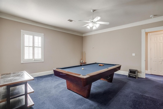 playroom featuring ceiling fan, dark colored carpet, ornamental molding, and billiards