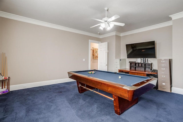 game room featuring ceiling fan, dark carpet, crown molding, and billiards