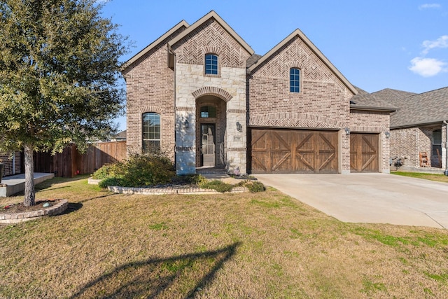 view of front of home with a garage and a front lawn