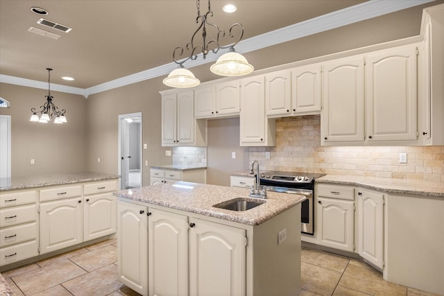 kitchen with white cabinetry, sink, hanging light fixtures, an island with sink, and stainless steel range with electric stovetop