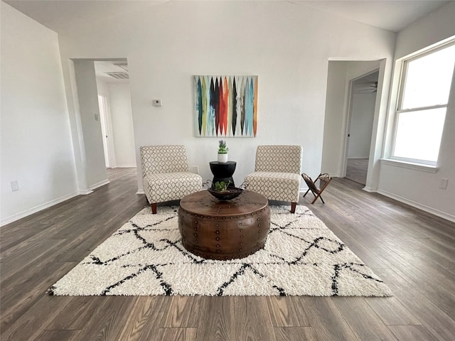 unfurnished room featuring dark wood-type flooring and vaulted ceiling