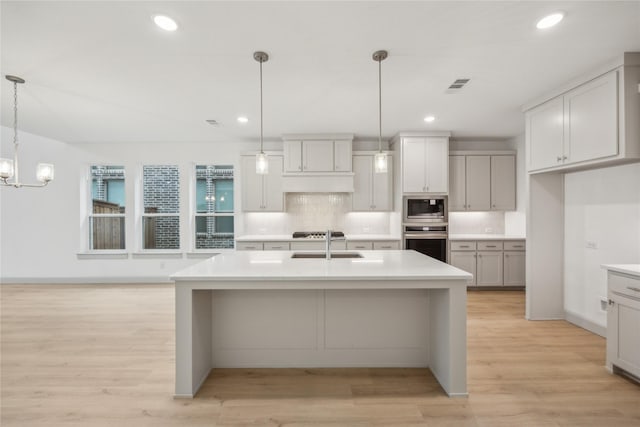 kitchen with sink, decorative backsplash, hanging light fixtures, a kitchen island with sink, and stainless steel appliances