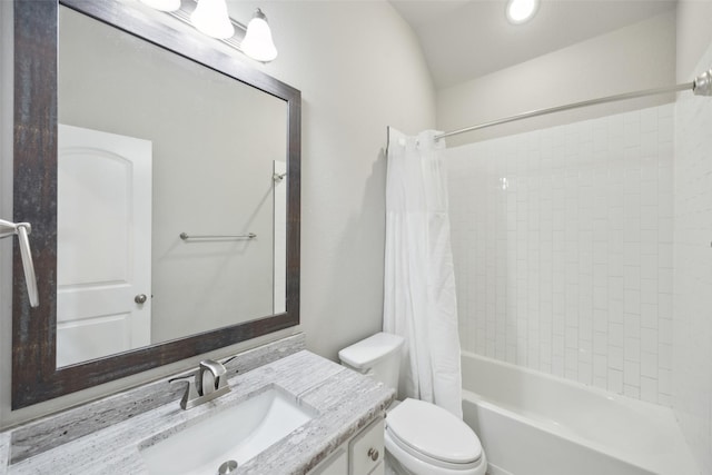 full bathroom featuring vanity, toilet, and shower / bathtub combination with curtain