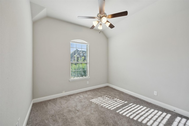 unfurnished room with carpet flooring, ceiling fan, and lofted ceiling