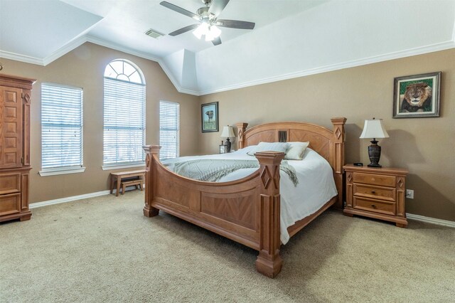 bedroom with lofted ceiling, ornamental molding, visible vents, and light colored carpet