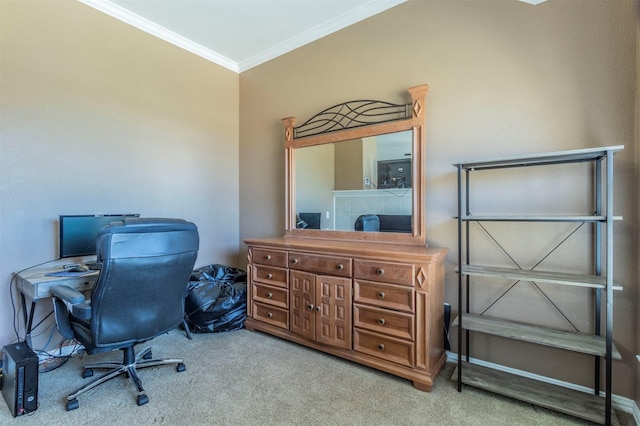 office with light colored carpet, crown molding, and baseboards