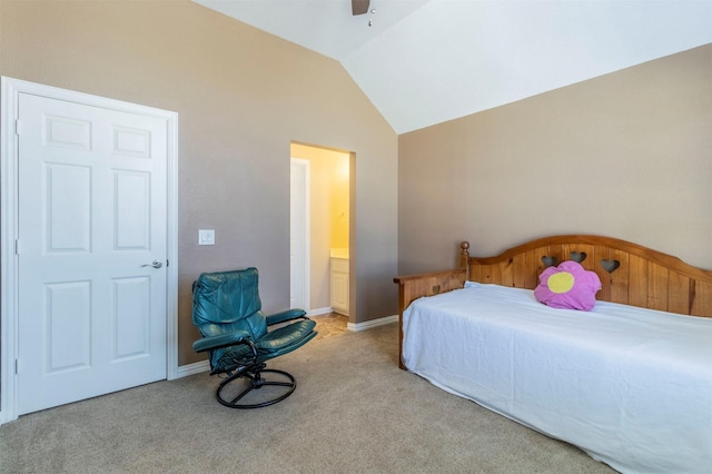 bedroom with lofted ceiling, ceiling fan, baseboards, and light colored carpet