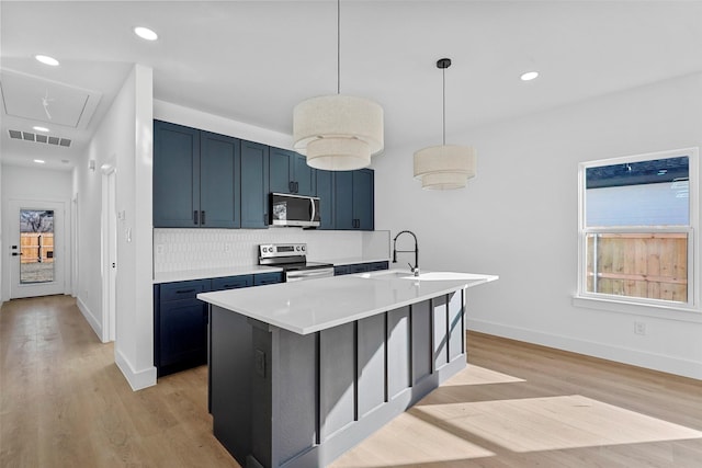 kitchen with decorative backsplash, light wood-type flooring, hanging light fixtures, and appliances with stainless steel finishes