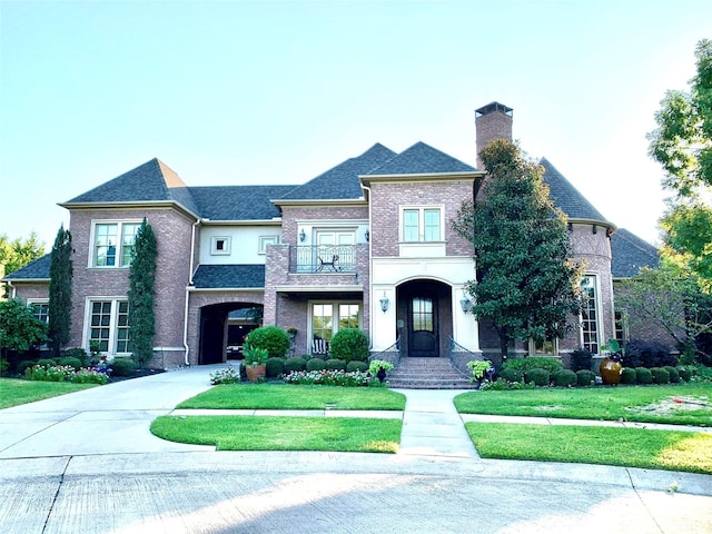 french country inspired facade featuring a balcony and a front yard