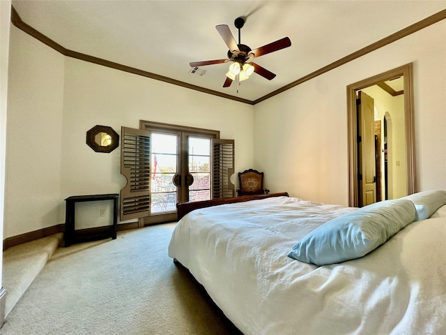 bedroom featuring carpet flooring, access to outside, ceiling fan, crown molding, and french doors