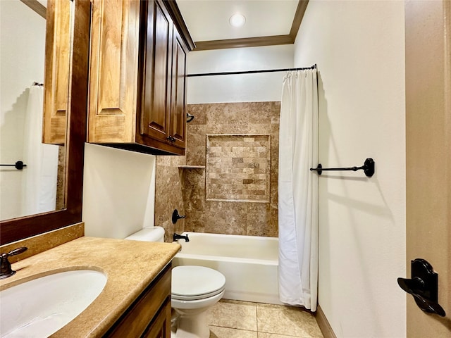 full bathroom with toilet, tile patterned floors, vanity, and shower / bath combo with shower curtain