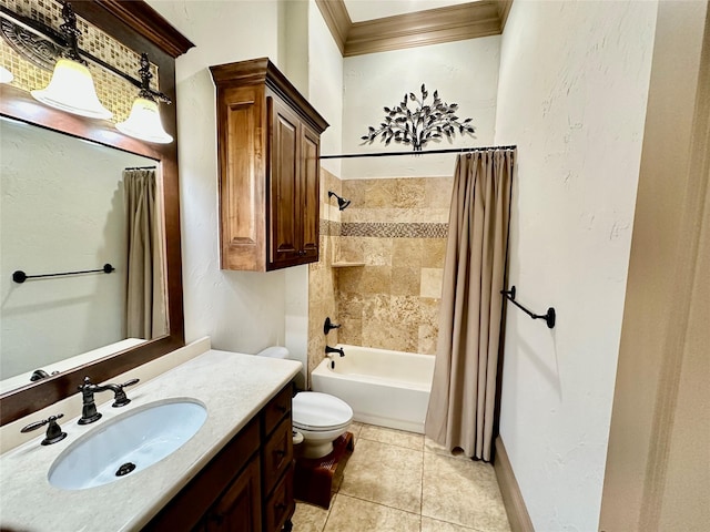 full bathroom featuring tile patterned floors, vanity, toilet, shower / bath combo with shower curtain, and crown molding