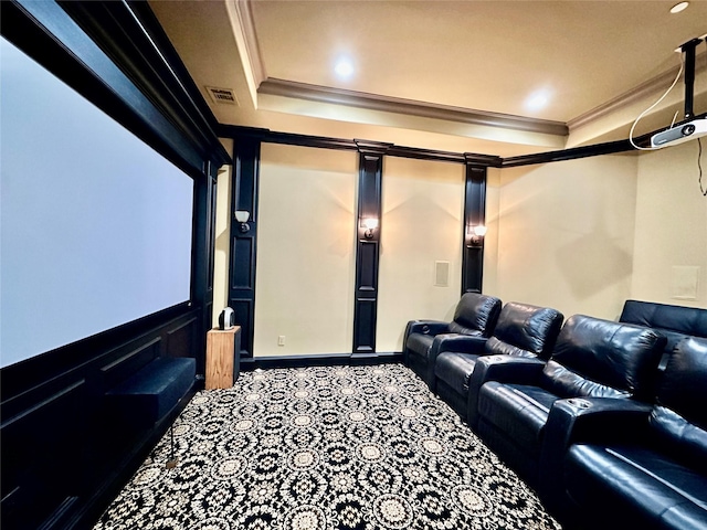 home theater featuring carpet and crown molding