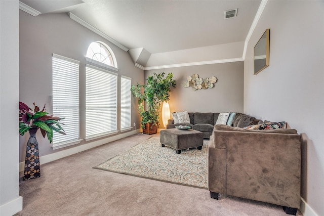 living room with carpet flooring, crown molding, and vaulted ceiling