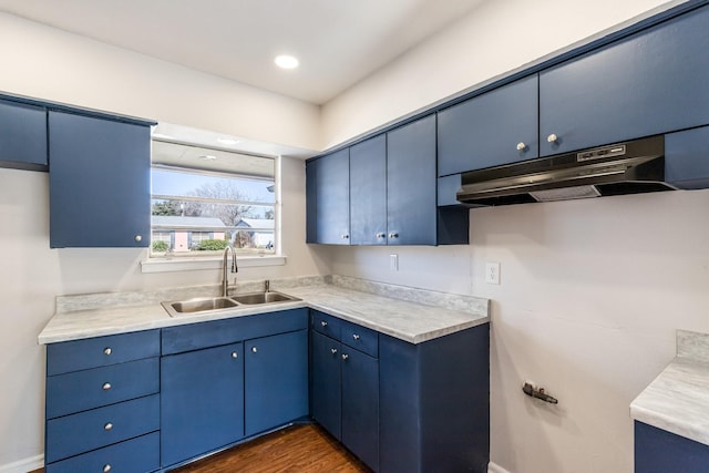 kitchen featuring sink, blue cabinetry, and dark hardwood / wood-style flooring