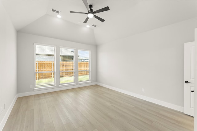 13732 Riola Dr, Little Elm, TX 75068 - spare room featuring ceiling fan, light wood finished floors, lofted ceiling, baseboards, and recessed lighting