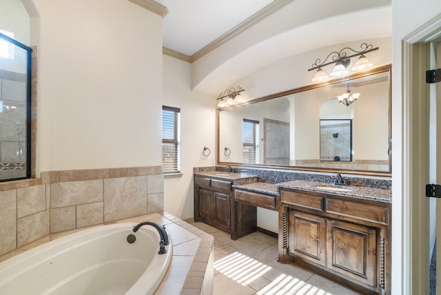 bathroom with crown molding, tile patterned floors, vanity, independent shower and bath, and an inviting chandelier