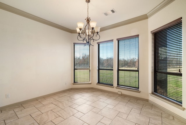 empty room featuring an inviting chandelier, crown molding, and light tile patterned floors