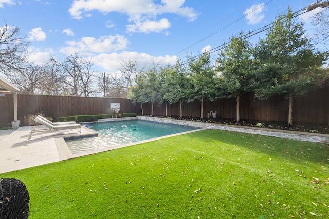 view of swimming pool with a lawn and a patio area