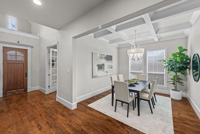 dining area with dark hardwood / wood-style flooring, beamed ceiling, coffered ceiling, and a notable chandelier